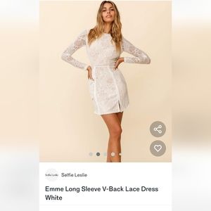 Selfie Leslie Emme Long Sleeve V-Back Lace Dress White - New With Tags